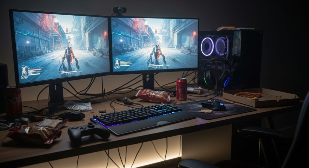 Esports gamer setup with glowing monitors at night