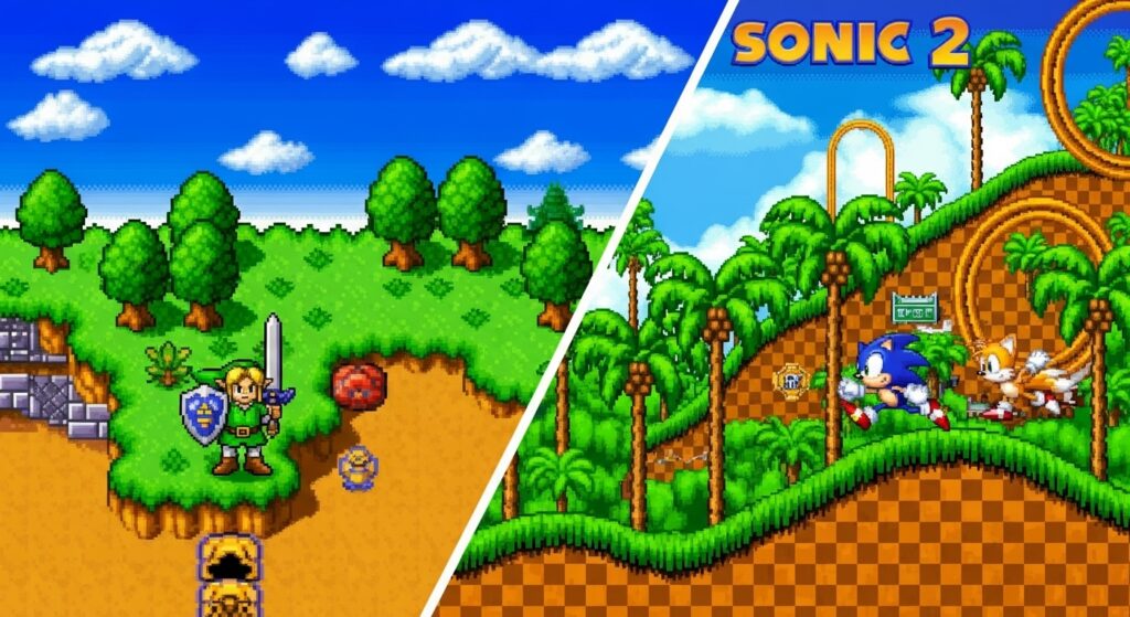 16-bit retro games from SNES and Sega Genesis featuring Zelda and Sonic
