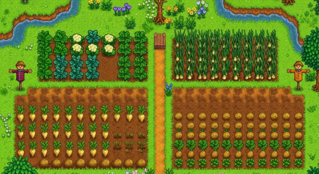 Balanced crop layout in Stardew Valley with early spring plants