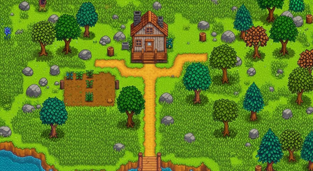 Beginning farm layout in Stardew Valley before clearing land