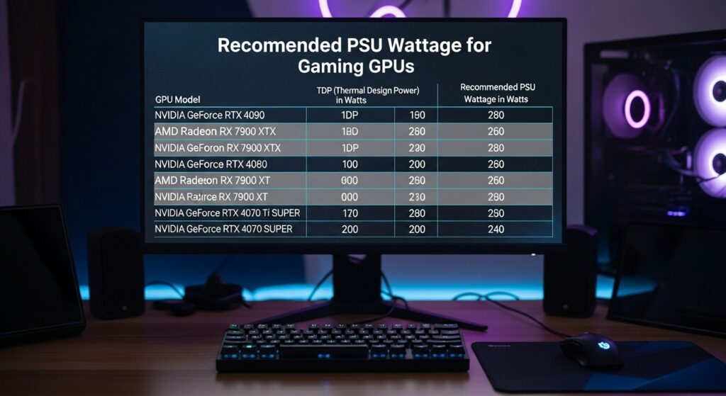 Chart showing GPU vs recommended PSU wattage