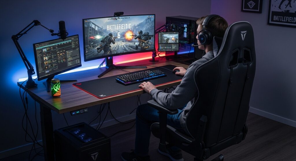 Comfortable gaming chair setup for Battlefield 6 esports practice