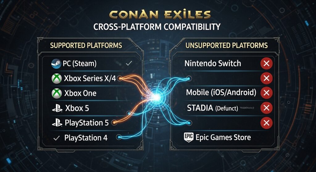 Conan Exiles cross-platform compatibility chart showing supported and unsupported platforms
