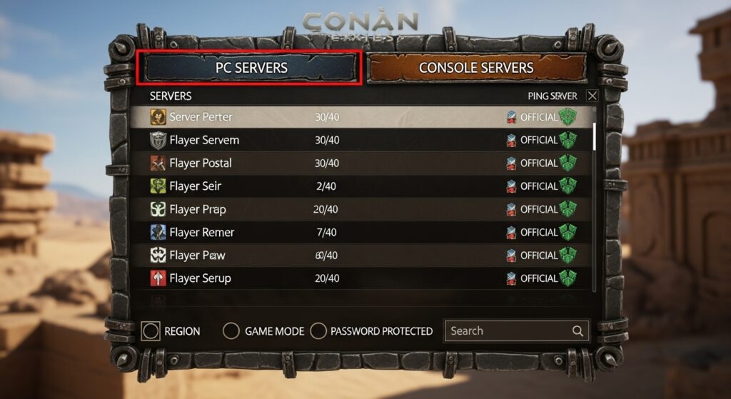 Conan Exiles multiplayer server menu showing PC and console separation