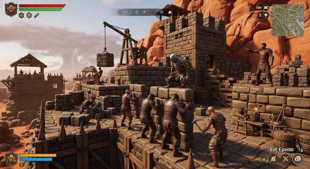 Conan Exiles players building a base together in co-op mode
