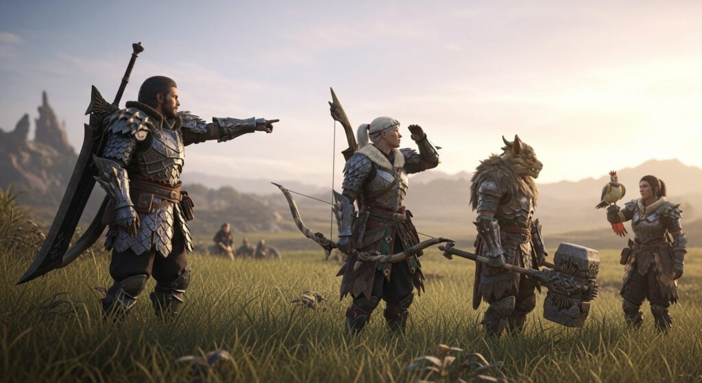 Monster Hunter Wilds announcement trailer image featuring hunters in open landscapes