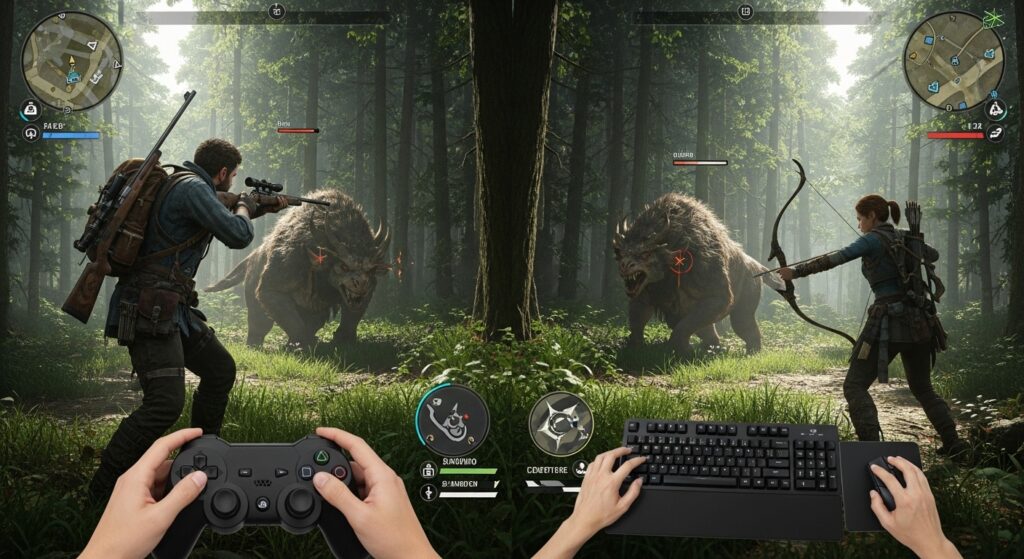 Monster Hunter Wilds co-op gameplay showing mixed platform play setup