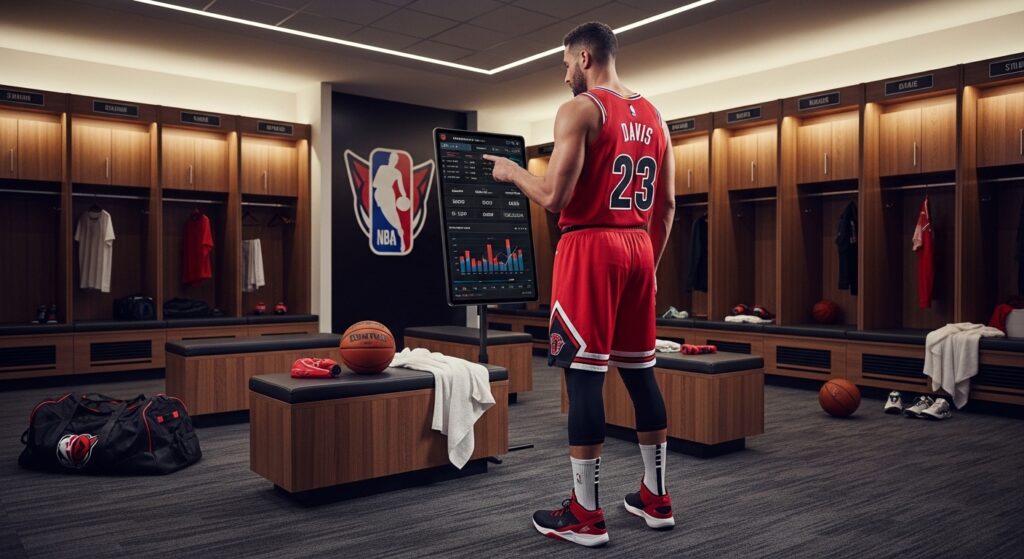 NBA 2K26 MyCareer player reviewing stats in locker room