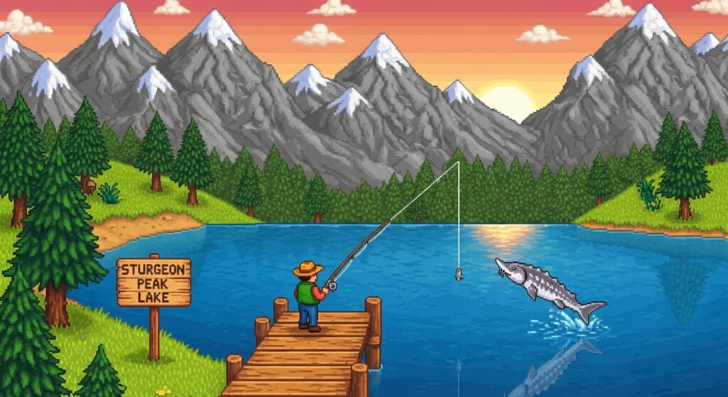 Player fishing near the mountain lake