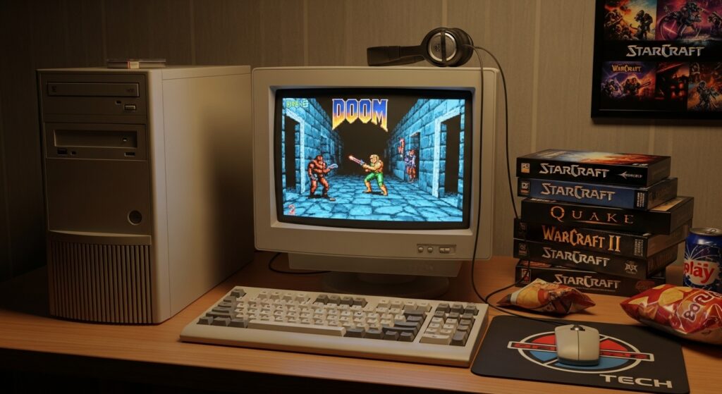 Retro PC games like Doom and StarCraft on classic computer setup