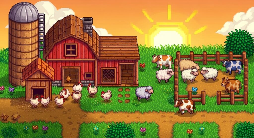 Stardew Valley farm animals near coop and barn