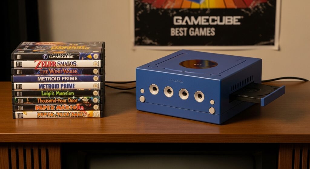 classic GameCube console and game cases
