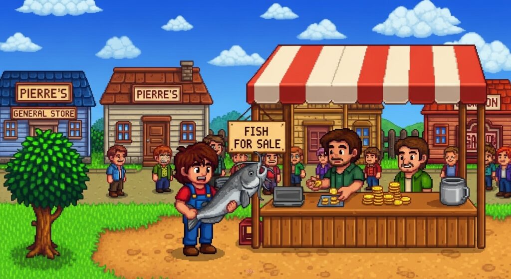 Player selling catfish in Stardew Valley for gold