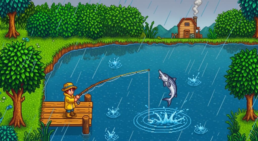 Stardew Valley Sturgeon fishing in rain