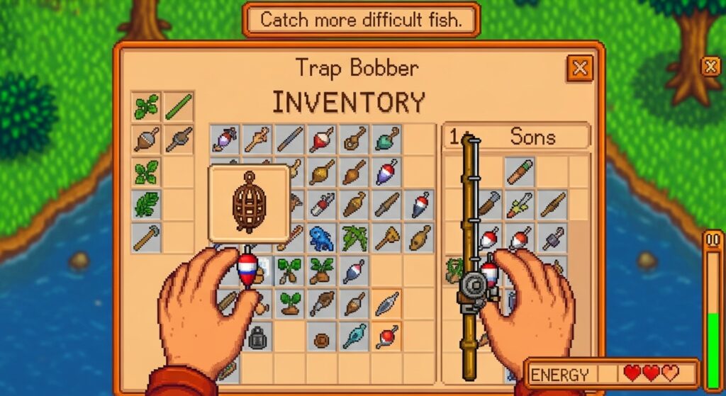 Stardew Valley player equipping Trap Bobber for catfish