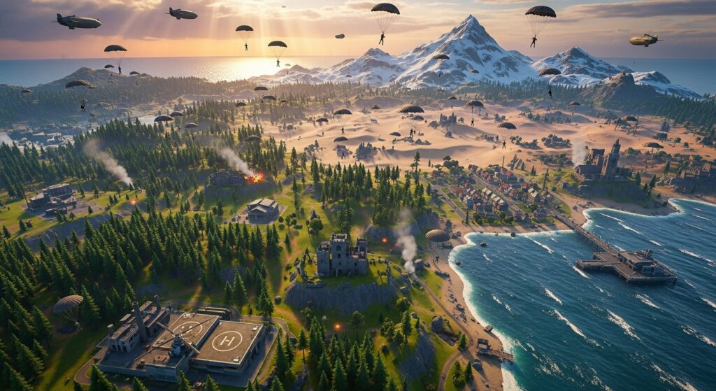 battle royale drop scene in large battlefield map