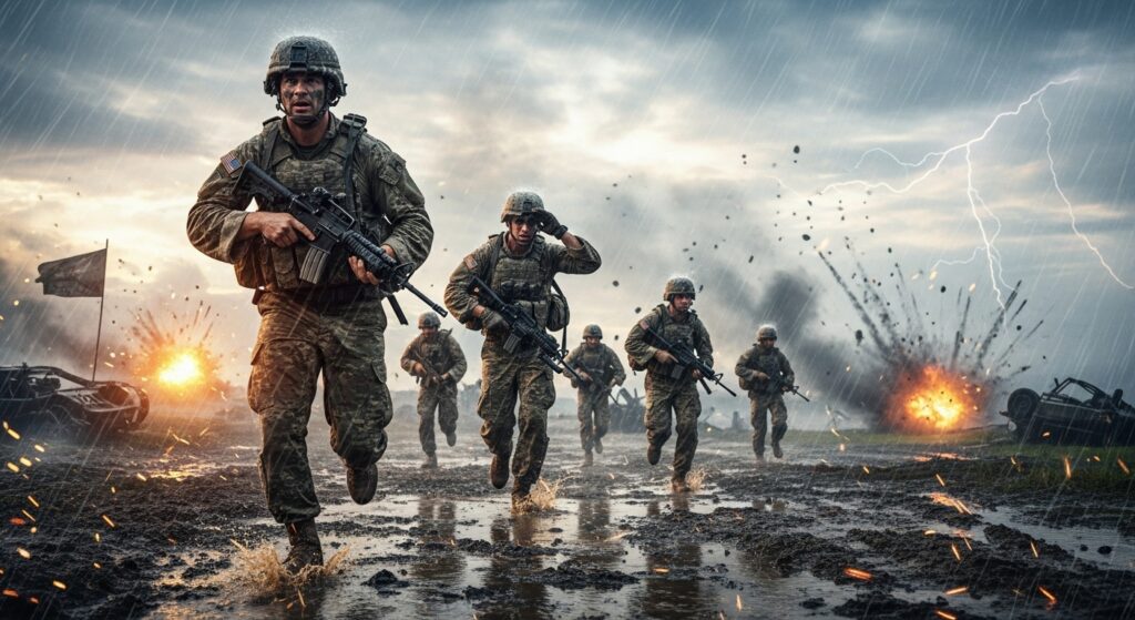 team moving forward through harsh weather zone