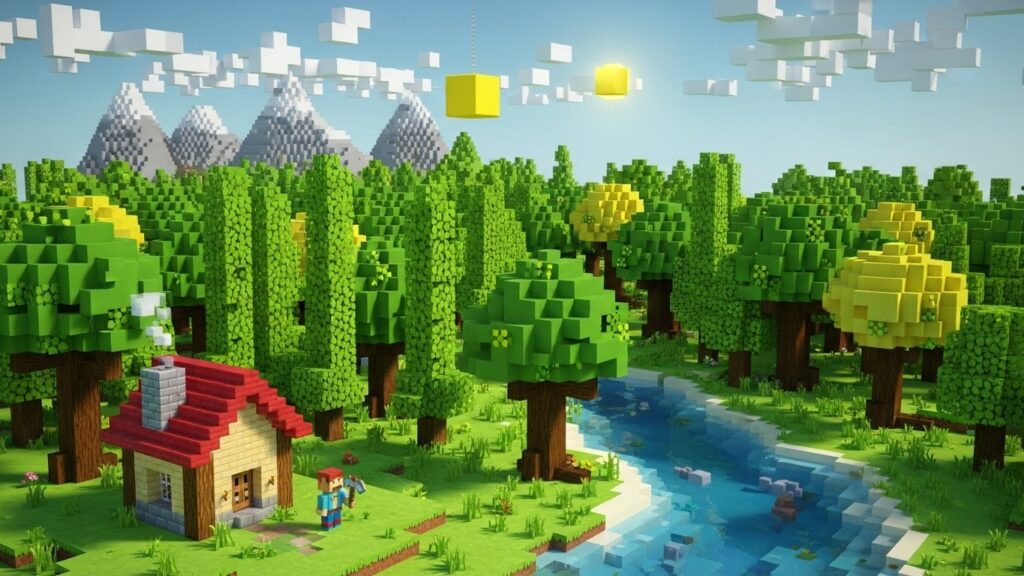 block building game scene with trees